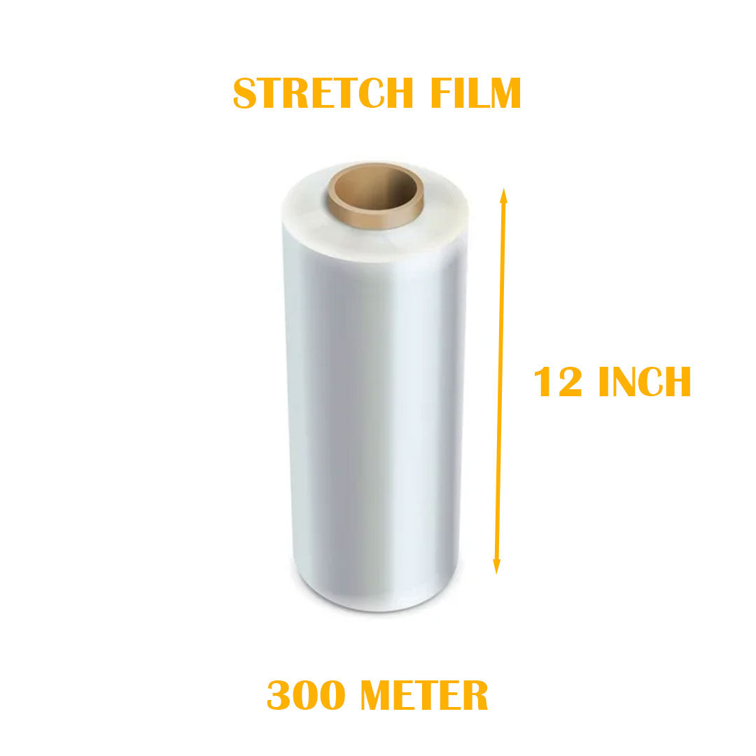 Stretch Film 12 Inch width, 300 Meters Length for Packing and multipurpose use.